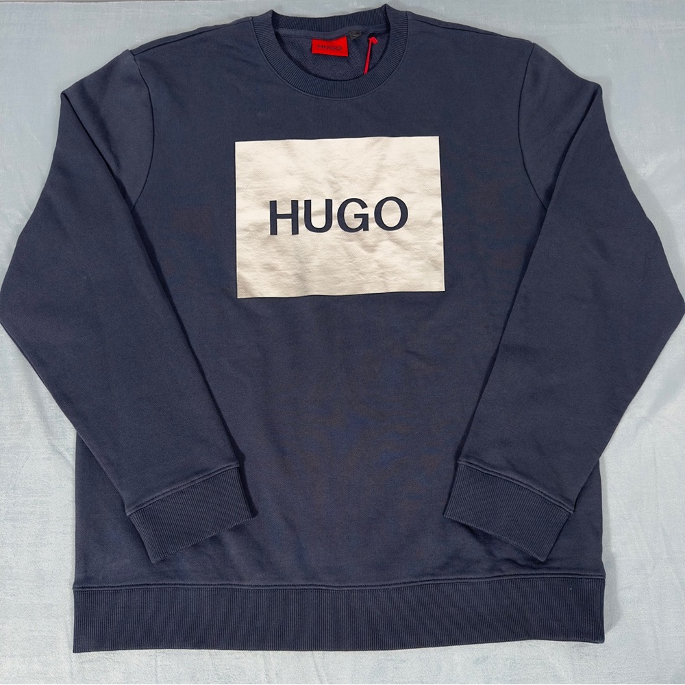 HUGO Navy Crewneck Sweatshirt with White Logo Box